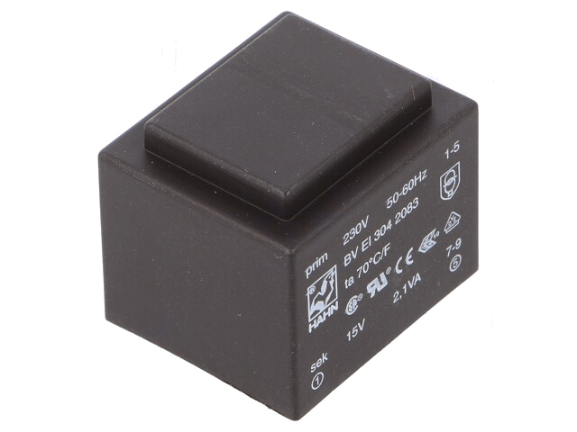 Transformator: ingegoten; 2,1VA; 230VAC; 15V; 140mA; PCB; BVEI Transformator: ingegoten; 2,1VA; 230VAC; 15V; 140mA; PCB; BVEI